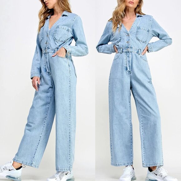 NEW Lov Mor Light Blue Wash Denim Wide Leg Jumpsuit S Cotton Blend High Waist - Picture 2 of 14